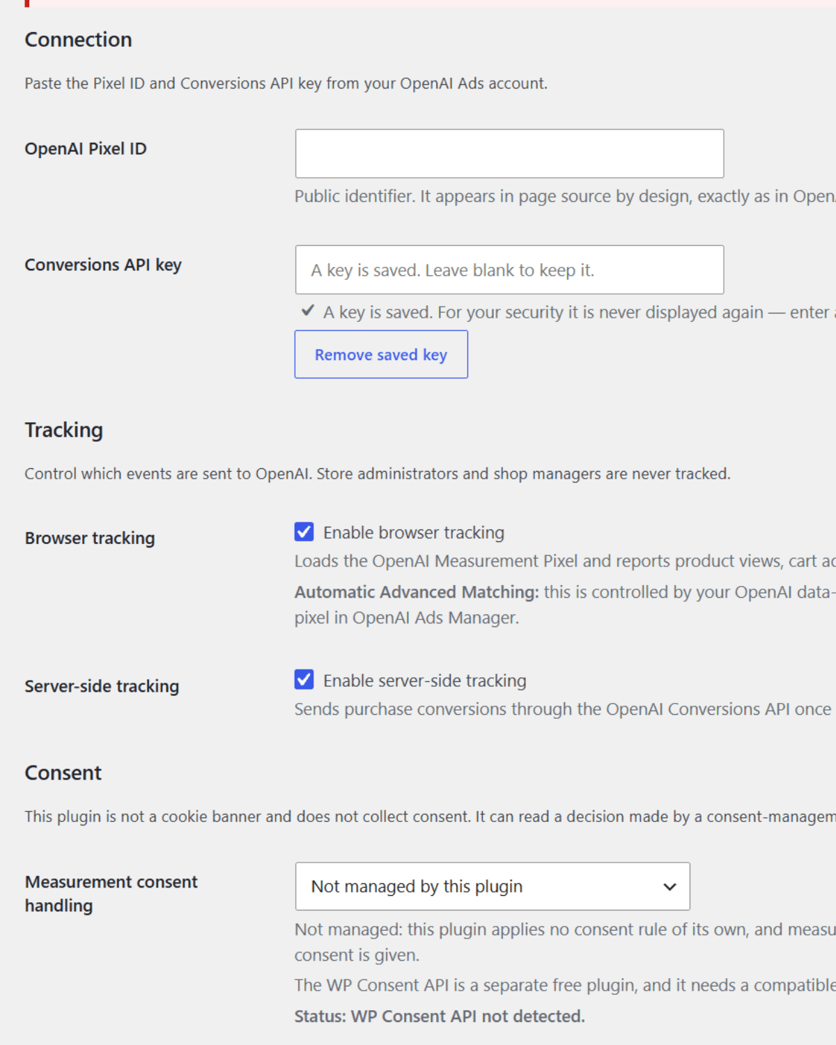The plugin's settings screen in WordPress: fields for the OpenAI Pixel ID and the Conversions API key, showing a key already saved, above the browser and server-side tracking switches.